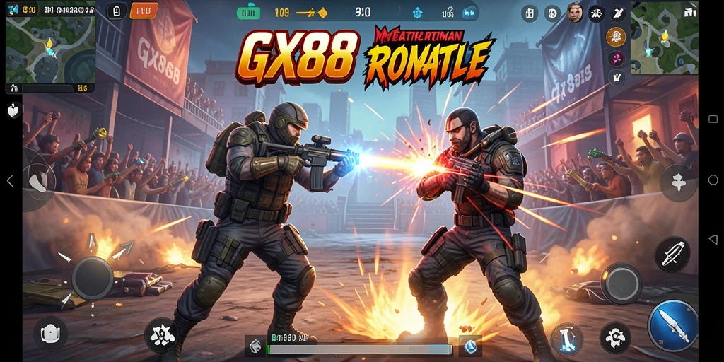 Screenshot gameplay GX88 menampilkan aksi pertempuran yang mendebarkan.