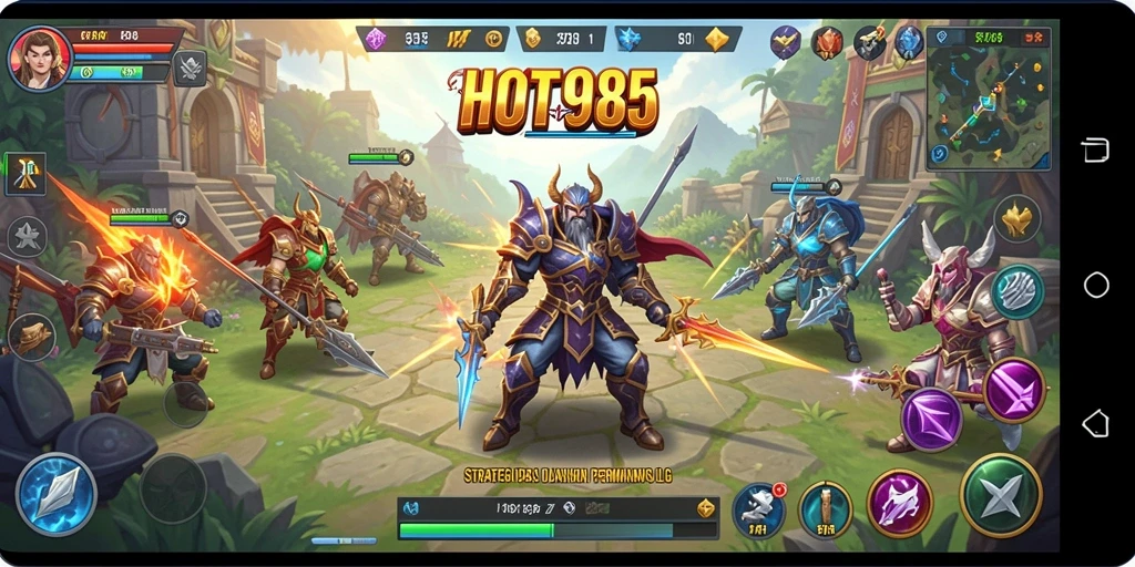 Screenshot HOT985 memperlihatkan aksi strategi seru dalam permainan SLG.