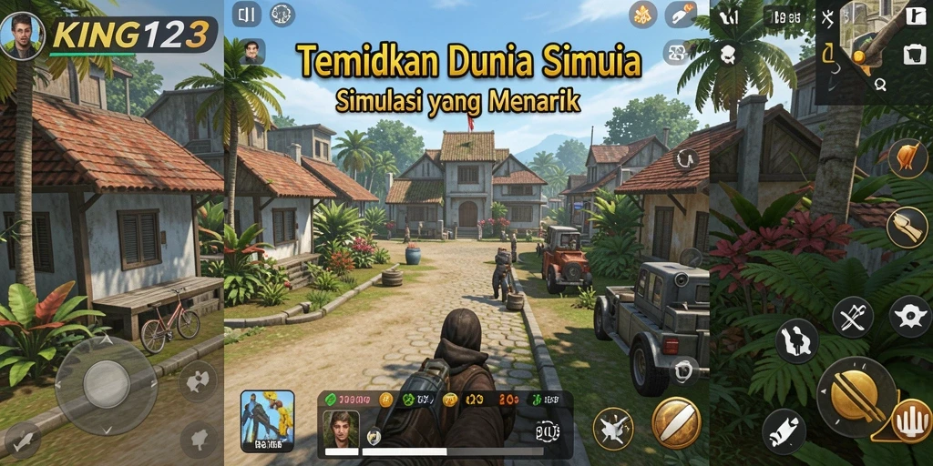 Tampilan gameplay KING123 yang menggambarkan dunia simulasi yang penuh warna.