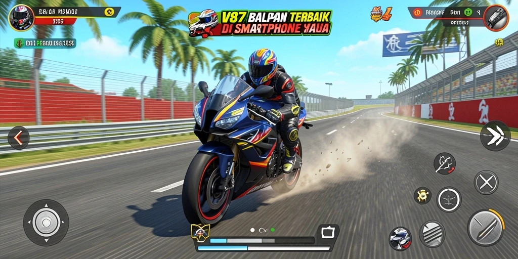 Screenshot gameplay V87 menampilkan balapan motor yang mendebarkan.