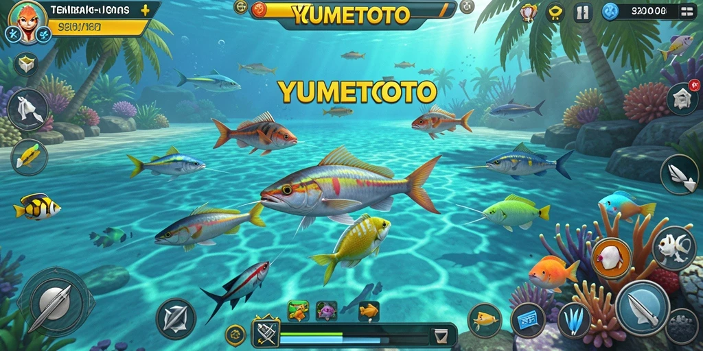 Tampilan gameplay YUMETOTO saat menembak ikan berwarna-warni.